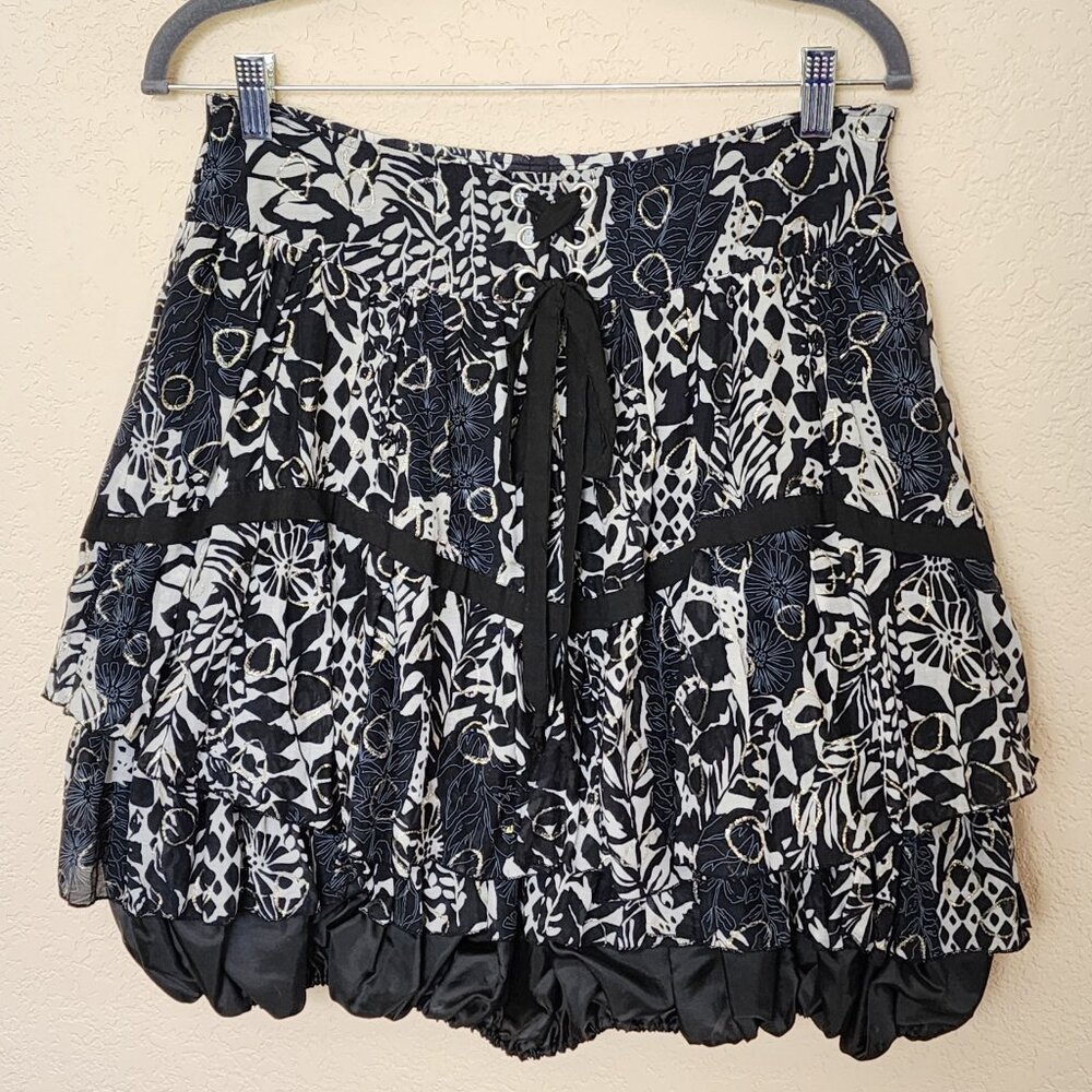 Alberto Makali Mini Skirt Bubble Ruffle Silk Blend Boho A-Line Black White Sz 6